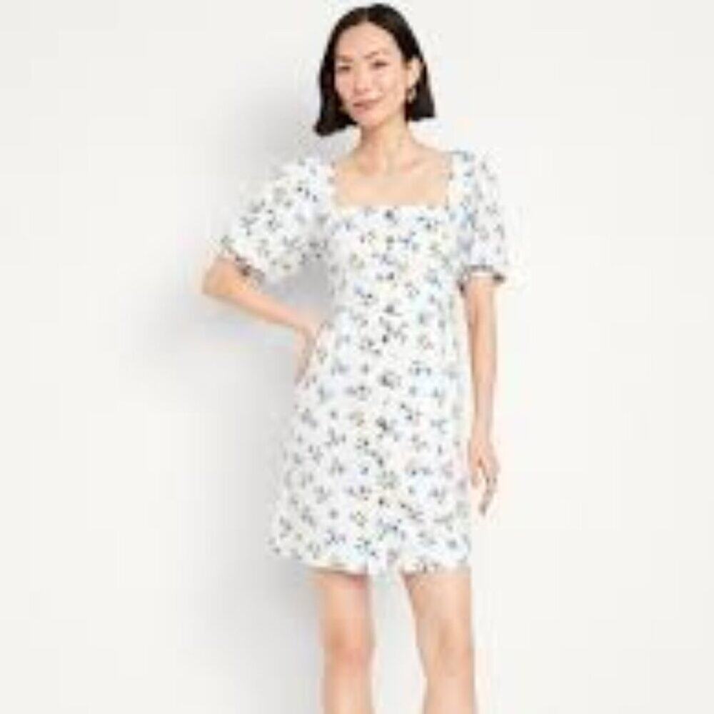 OLD NAVY PUFF-SLEEVE LINEN BLEND MINI WOMEN DRESS LIGHT BLUE FLORAL SIZE LARGE